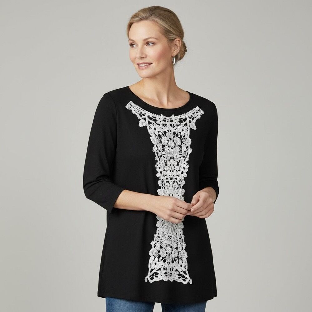 Soma Crochet Medallion Black Tunic Top Medium‎